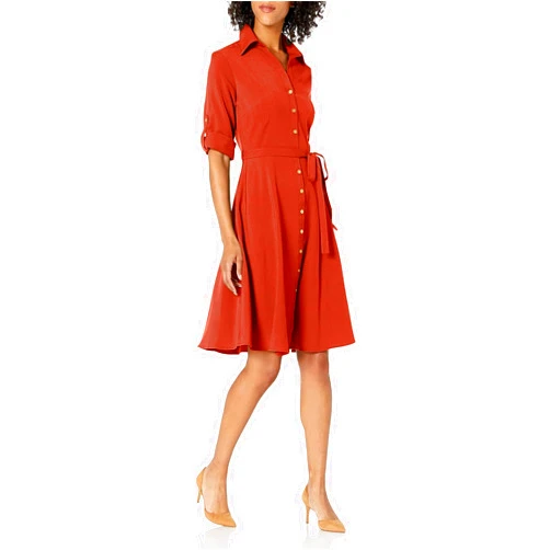 Sharagano Womens Button Front Pleated Shirt Casual Dress