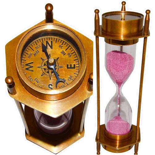 A S Handicrafts Brass Sand Timer Hourglass with Exquisite Marine Compass Accents - A Perfect Decorative Clock for Captivating Spaces