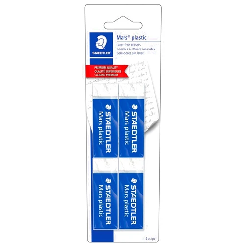 STAEDTLER Mars Plastic, Premium Quality Vinyl Eraser, White, Latex-free, Age-resistant, Minimal Crumbling, 4 Pack (526 50 BK4)