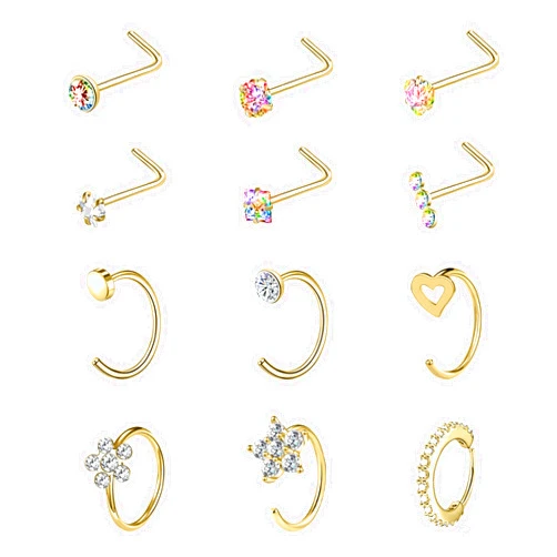 AccGin 12PCS 20G 18G Nose Piercing Kit Nose Rings Hoops Surgical Steel L Shape Nose Studs for Nose Rings for Women Silver Gold Nose Piercing Jewelry