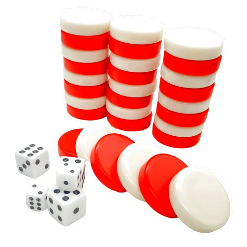 FAMA.store 30 Pieces Backgammon Checkers Replacement Set Checker Board Games Playing Game Chips with 5 Dice Come with Drawstring Storage Pouch (Red&Ivory 1.25 inch)