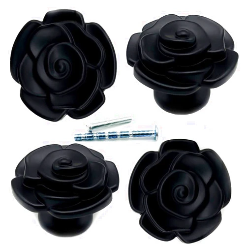 YOUYOUULU 4Pcs Antique-Black-Rose-Drawer-Knobs, Mid-Century-Retro-Flowers-Cabinet-Pulls, Metall-Heavy-Sturdy-Rose-Cupboard-Knob (Black)
