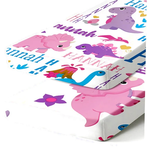 KAINSY Custom Name Crib Sheets - Personalized Pink Dinosaur Baby Bedding for Boys Girls - Portable Foldable Soft Cotton Changing Fitted Sheets, Gifts for Newborn 0-6 Years Baby Infant