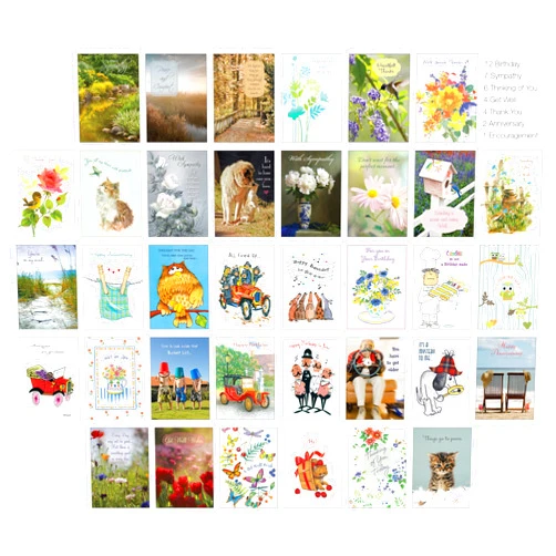SHADE TREE GREETINGS Variety Pack Greeting Card Assortment by Fravessi | 36 Card Pack + 36 White Envelopes