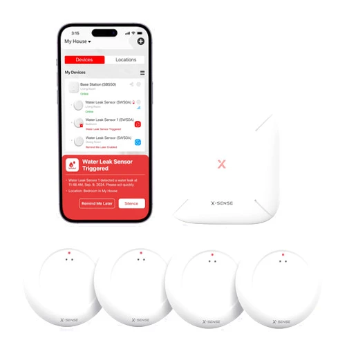 X-Sense Wi-Fi Water Leak Detector Kit, Smart Water Sensor Alarm with App Alerts and Ultra-Slim Design, Water Alarm Leak Detector for Basements, 4 Water Sensors and 1 Base Station, Model SWS0A41