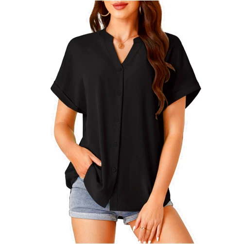 Rooscier Women's Button Down Notch V Neck Batwing Short Sleeve Office Business Blouse Shirt Top