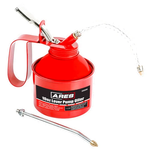 ARES 55009 – 10oz Red Lever Style Oiler Can - Includes Steel Braided Flex Hose & Offset Rigid Steel Nozzle – High Pressure Pump