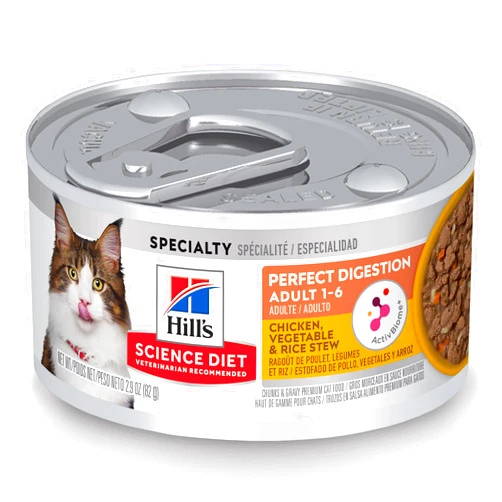 Hill's Science Diet Perfect Digestion, Adult 1-6, Digestive Support, Wet Cat Food, Chicken, Vegetables & Rice Stew, 2.9 oz Can, Case of 24