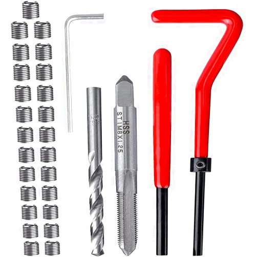fixinus 30 Piece M8 x 1.25mm Thread Repair Insert Kit, Stainless Steel Thread Repair Kit Helicoil Coil Compatible Hand Tool Set for Auto Repair