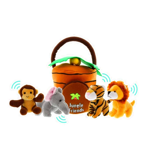 Etna Jungle Animals Talking Plush Baby Toy – 5 Piece Small Stuffed Animals Set Including Jungle House Carrier and Stuffed Monkey, Lion, Tiger & Elephant – These Mini Toys are Ideal for Boys and Girls