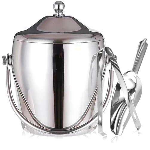 Mipau Ice Bucket Champagne Bucket with Tongs Scoop Lid, Double Wall Wine Bar Freezer Ice Bucket with Stand & Carrying Handle, Stainless Steel Mirror Bucket Champagne Bucket for Parties Bar Home,2L(Silver)