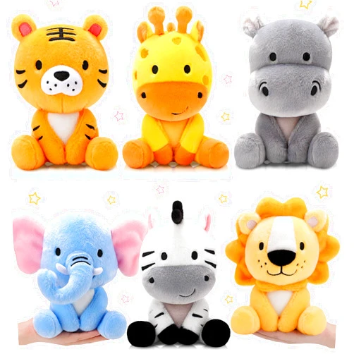RoundFunny 6 Pcs Small Stuffed Safari Animals Bulk, 7 Inch Jungle Animals Stuffed Toys, Adorable Plush Lion Zebra Giraffe Tiger Hippo Elephant for Baby Shower Safari Jungle Themed Party Student Award