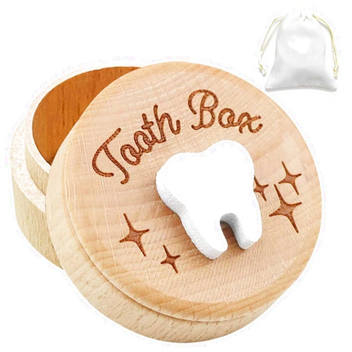 Zalengine Tooth Fairy Box with Storage Pouch, Wooden Tooth Keepsake Box for Kids' First Lost Teeth, Lost Tooth Case to Put Under Pillow,Tooth Fairy Gifts for Children