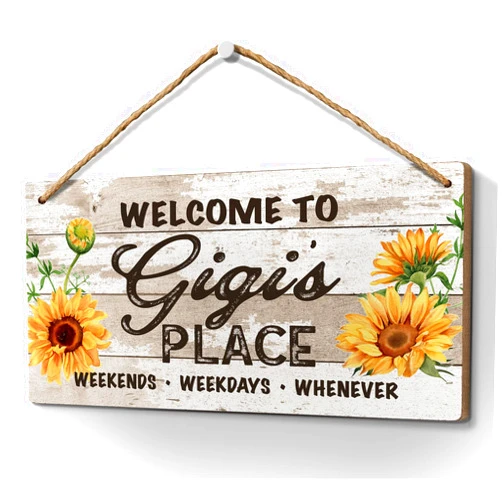 Heuhuww Gigi Gifts for Grandma,Welcome to Gigi's Place Sign 6x12 Inch,Retro Vintage Welcome Sign with Sunflower for Grandma,Front Door Porch Home Decor Gifts for Gigi