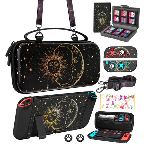 Gurgitat 9in1 Sun Moon Witchy Switch Case for Nintendo Switch Carrying Cases & Storage Accessories Bundle Kit Thumb Grip+Game Holder+Dockable Skin+Shoulder Strap+Sticker for Switch Travel Pouch Bag