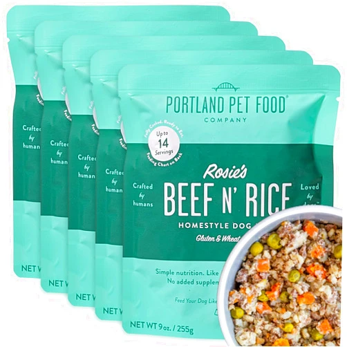 CRAFTED BY HUMANS LOVED BY DOGS Portland Pet Food Company Human-Grade Dog Food Pouch — Mixer, Topper, and Rotational Meal (Rosie's Beef, 5 Pack)