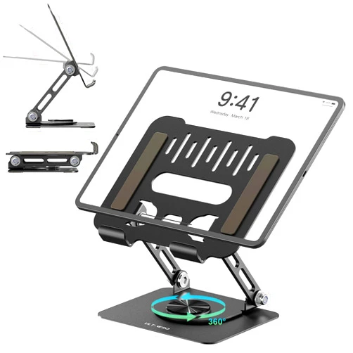 ULT-WIIQ Adjustable Tablet Stand for Desk iPad Swivel Stand with 360 Rotating Base Aluminum Foldable Portable iPad Table Stand Holder for iPad Pro/iPad Mini Tablets Black