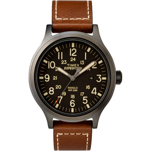Timex Men's Expedition Scout 43mm Watch – Black Dial & Case with Brown Leather Strap
