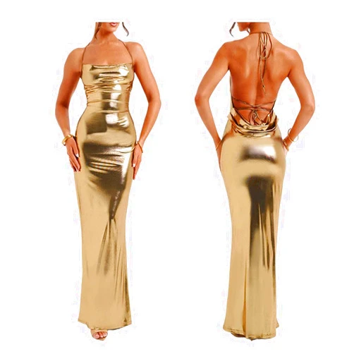 CNPOLOOK Sleeveless Backless Maxi Dress Women's Shiny Spaghetti Strap Bodycon Maxi Dresses Sexy Glitter Metallic Dress