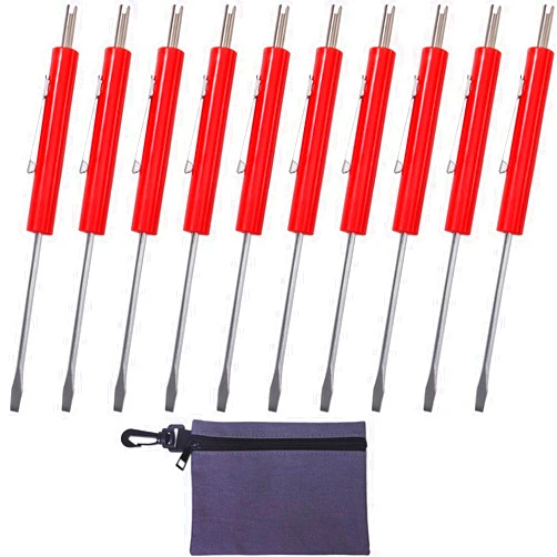 TRIMOU PKT TRIMOU POCKET Screwdriver with Valve Core Tool, 10 PCS Mini 2 in 1 Slotted Screwdriver Schrader Removal Tool with Pocket Clips for Automotive Technicians, Mechanicians, Electricians (Red)