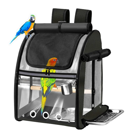 SUERTREE Bird Carrier Bag with Indestructible Stainless Steel Mesh, Bird Travel Cage with Stand, Easy to Clean Backpack for Parrot, Portable Bird Travel Bag, Pet Breathable Travel Cage, Black