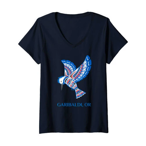 Garibaldi OR PNW Native American Kingfisher Bird Garibaldi Oregon Native American Indian Kingfisher Bird V-Neck T-Shirt