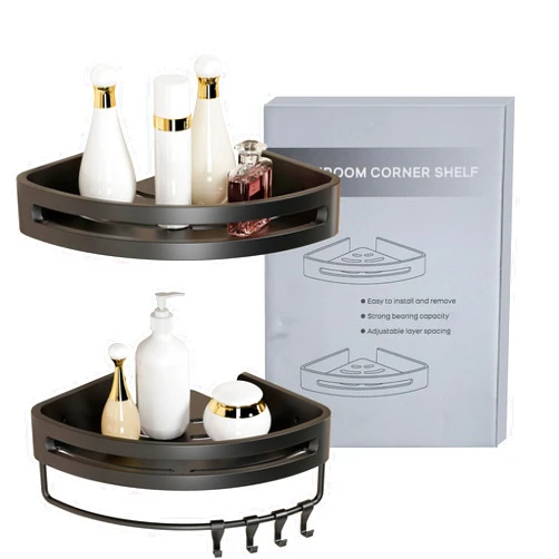 HOMHII Shower Caddy 2-Pack Aluminum Bathroom Organizer No Drilling Shower Shelves Black With Towel Bar And Removable Hooks