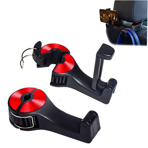 Amooca Car Seat Hooks for Purses and Bags with Phone Holder, Universal Car Headrest Storage Organizer Hanger Hook with Lock, 360° Rotation Headrest Hooks, 2 in 1 Car Headrest Hooks, 2 Pack, Red