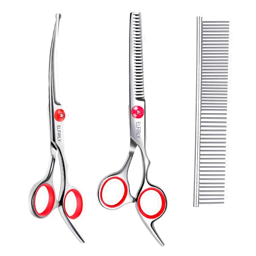 Elfirly Dog Grooming Scissors Set with Safety Round Tip (2 Pack - Curved Scissors Thinning Shears for Grooming) Pet Grooming Shears with Grooming Comb for Dogs and Cats