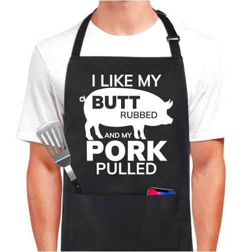 Xornis 100% Cotton Funny Apron for Men I Like My Butt Rubbed And My Pork Pulled Adjustable Bib Aprons with 2 Pockets One Size Fits All Grill Kitchen Cooking BBQ Black