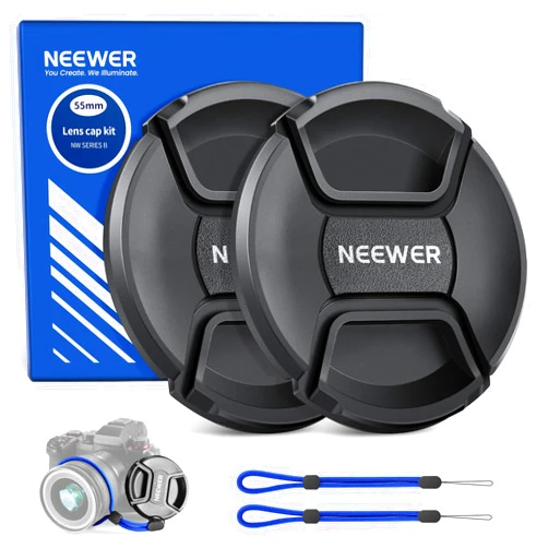 Neewer 55mm Lens Cap Kit (2 Pack), Lens Cover with Anti Loss Strap and Cleaning Cloth, Compatible with Canon Nikon Sony Fujifilm Panasonic Camera Lens of 55mm Diameter