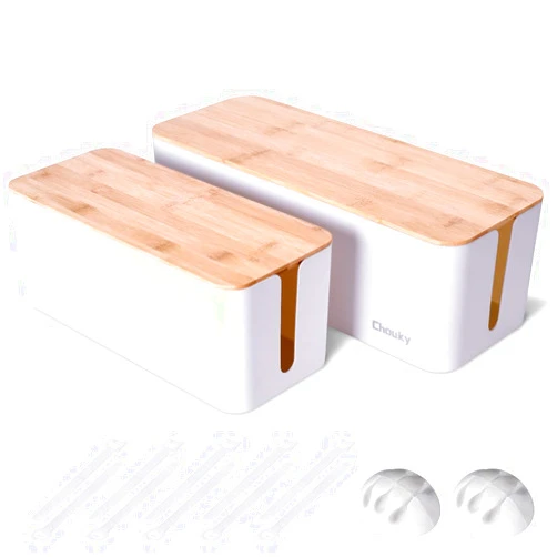 Chouky 2 Pack Large Cable Management Box – Wooden Style Cord Organizer and Cover for TV Wires, Computer, Router, USB Hub and Under Desk Power Strip – Safe ABS Material and Baby-Pets Proof Lock (White)
