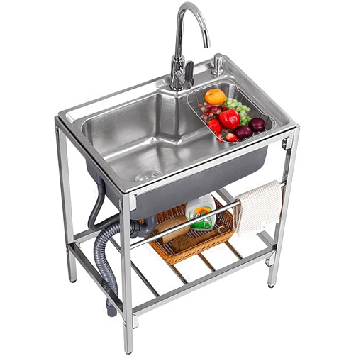 WappiGo Stainless Steel Utility Sink Single Bowl Commercial Restaurant Kitchen Sink with Storage Shelve Laundry tub & Hot and Cold Faucet Free Standing Sink for Laundry Backyard Garage(28x18.5x29.5in)