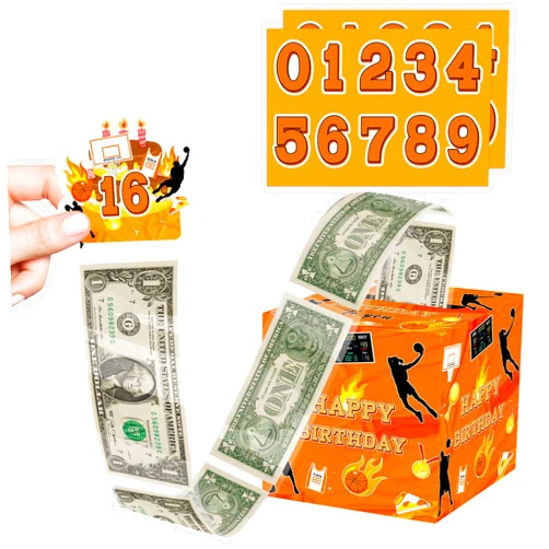 Cidobi Basketball Birthday Money Gift Box with DIY Stickers, Birthday Money Box for Cash Gift, Surprise Basketball Themed Money Box with 35Pcs Transparent Bags, Birthday Party Decor Supplies