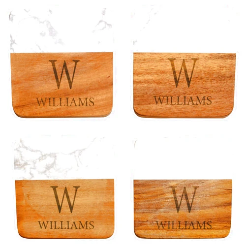 Let's Make Memories Let’s Make Memories Personalized Elegant Marble Wood Coasters - Housewarming Gift - Set of 4 - Each 4” Square - Customized with Name and Initial