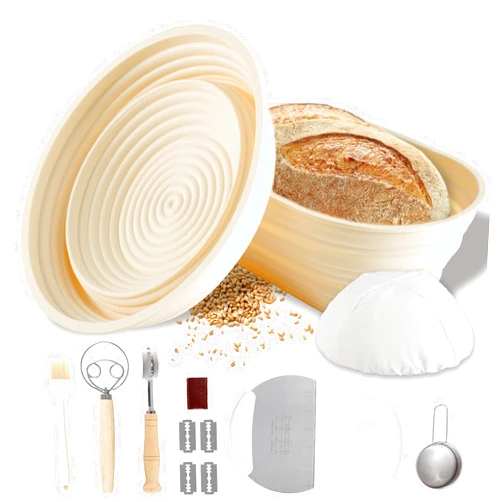 Hvygss Silicone Bread Proofing Basket, Sourdough Bread Baking Supplies Foldable 9.5 Inch Round & 10.5 Inch Oval Banneton Basket, Bread Lame, Dough Whisk, Sourdough Starter Kit