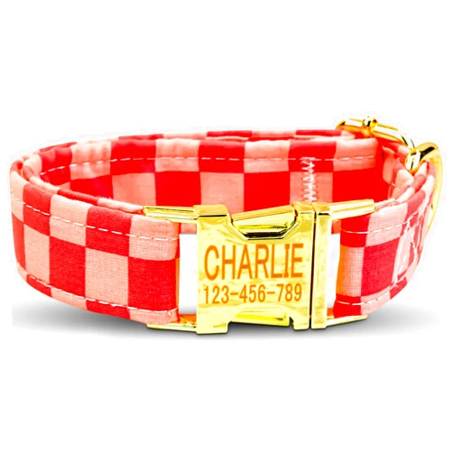 Trendpet.online Pink checkers Dog Collar w/metal buckle, HAND MADE, Custom Engraved Personalized Collar, 1 inch wide, designer collars,