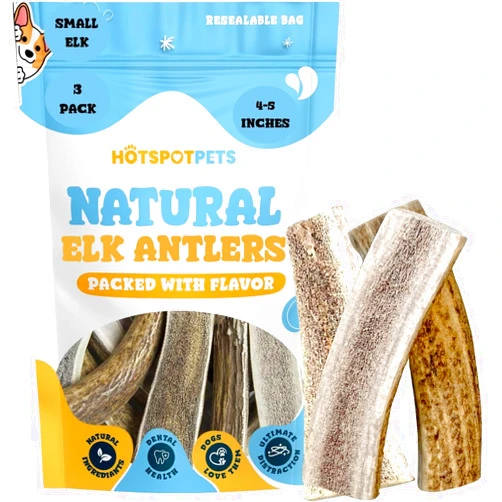Hotspot pets Small Premium Split Elk Antlers for Dogs - 4''-5'' Inch Long Dog Chews (3 Pack) Naturally Shed Antler Bone for Small Breed Aggressive Chewers - Made In USA -Odorless- Promotes Dental Hygiene (3 Pack)