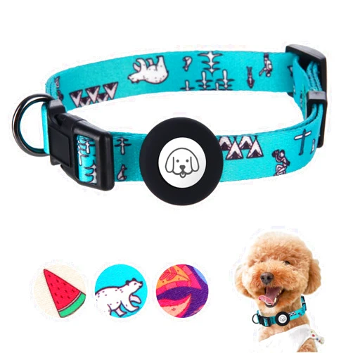CNUORN Adjustable Soft Airtag Dog Collar, Print Flower Multicolor Cute Patterns Polyester Dog Collar with Silicone Apple Air Tag Holder Case for Small Medium Large Dogs Girl Boy Puppy (L, Blue Bear)
