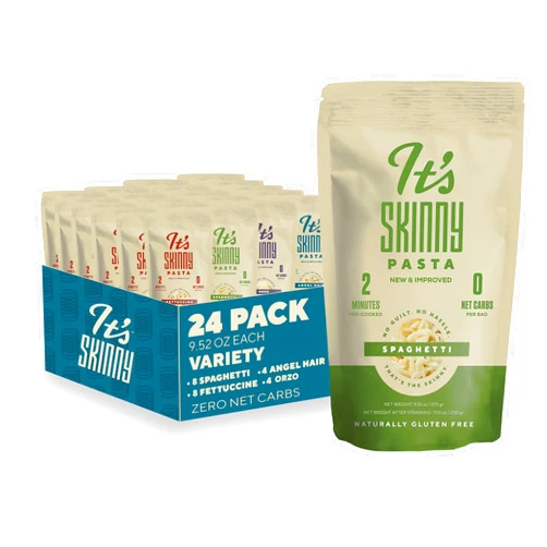 It's Skinny It’s Skinny Pasta Variety Pack – Spaghetti, Fettuccine, Angel Hair and Orzo, Low Carb, Gluten Free, Keto & Vegan-Friendly, Shirataki Konjac, 4.5 Calories, Ready in 2 Minutes (24 Packs)