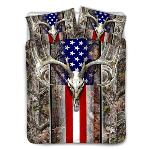 SEANATIVE Quilts Cover Gray Comforter Covers with Pillow Case for Boys Mens American Flag Wood Deer Skull Camo Bedding Set Dormroom Beige Lining Queen Size 88x88inches