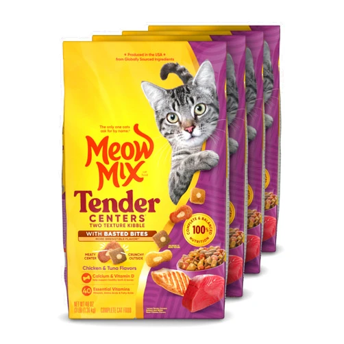 Meow Mix Tender Centers Basted Bites Dry Cat Food, Chicken & Tuna Flavor, 3 Pound (Pack of 4), Crunchy Outside Meaty Inside