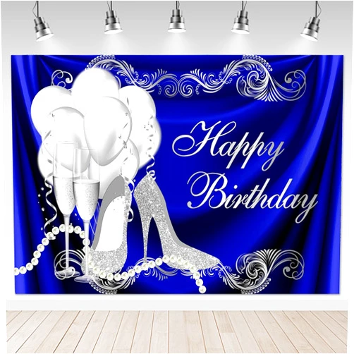 Mocsicka Royal Blue Happy Birthday Backdrop 7x5ft Silver High Heels Balloons Champagne Party Cake Table Decorations Sweet 16th Adult's Bday Photography Background