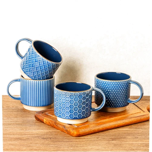 GBHOME 15OZ Stackable Coffee Mugs, Ceramic Coffee Cups with Texture Patterns for Man,Woman,Dad,Mom, Modern Coffee Mugs Set of 4 for Latte/Cappuccino/Cocoa. Dishwasher&Microwave Safe, Blue