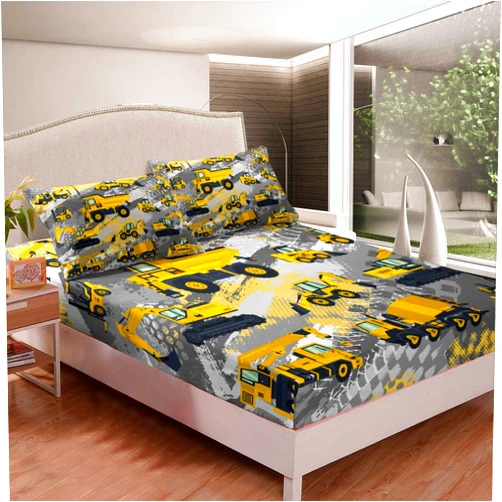 Feelyou Kids Cartoon Car Bed Sheet Set Boys Construction Vehicles Bedding Set for Teens Children Cartoon Machinery Truck Fitted Sheet Construction Site Cars Bed Cover 3Pcs Queen Size