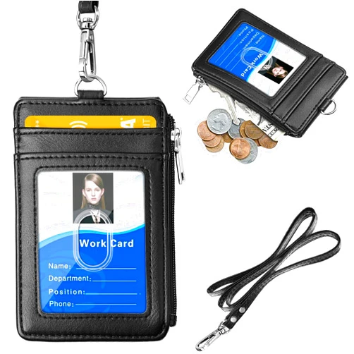 ELV Badge Holder with Zipper, PU Leather ID Badge Card Holder Wallet with 5 Card Slots, 1 Side RFID Blocking Pocket and 20 inch Neck Lanyard Strap for Offices ID, School ID, Driver Licence (Black)
