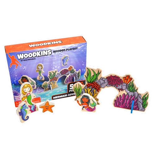Wild Republic, Woodkins Mermaid Wooden Playset, Gift for Kids, Great for Innovative Play, Eco Friendly, Five Piece Boxed Set