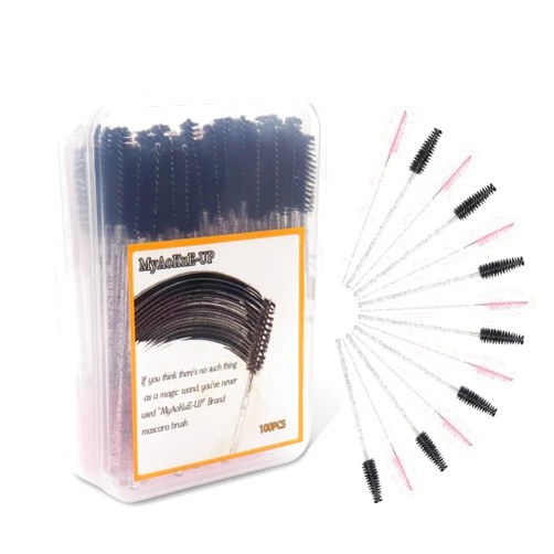 Myaokue-up 100 Pcs Disposable Eyelash Brush, Mascara Wands Makeup Brushes Crystal Eyebrow Spoolies rush for Eyelash Extensions with Container (Crystal Black+Crystal Pink)