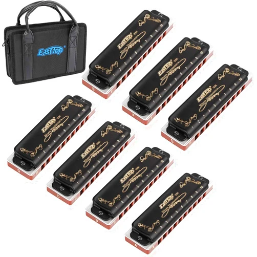 Eison Easttop Harmonica Sets 7 Keys in Key of A B C D E F G 10 Hole 20 Tones with Case Bag & Cleaning Cloth for Adult, Professional Player,Beginner,Heavy Duty, Black
