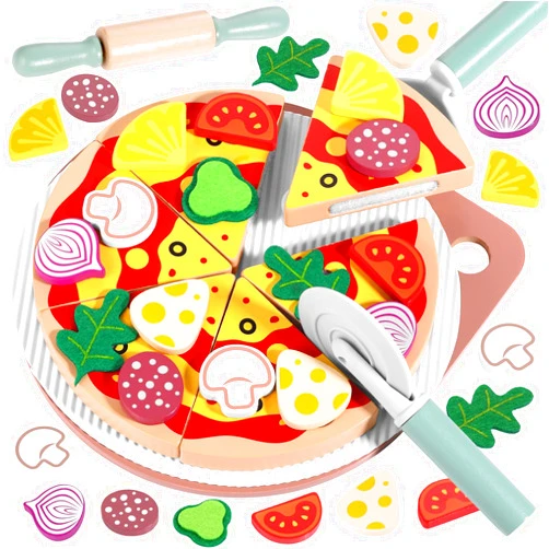 GAGAKU Wooden Pizza Toys for Kids 27Pcs Wood Cooking Toys Cutting Play Food Set for Toddlers Pretend Play Kitchen Accessories Toys for Toddlers Aged 3-8, for Boys and Girls